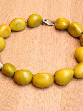Chunky Olive Green Statement Beaded Necklace Silver Accent